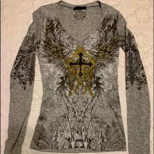 In Vein Gold, Black & Gray Cross along Sleeve Tee- Small